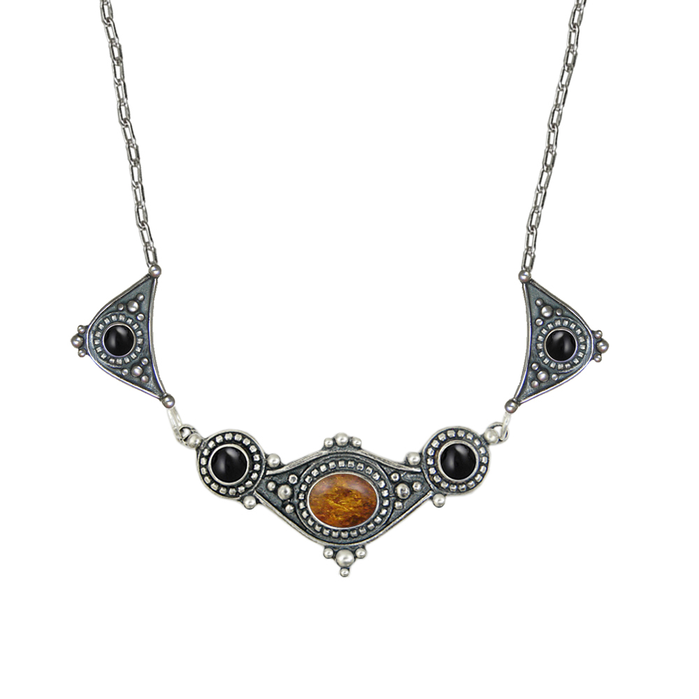 Sterling Silver Romantic Necklace With Amber And Black Onyx